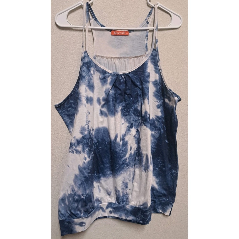 BlevonH Blue White Tie Dye Tank Top 2XL Sleeveless Stretch Casual Blouse